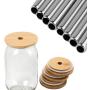 YiZYiF Reusable Bamboo Bottle Caps Lids Mason Jars Oil Infusions Lid with 8Pcs Long Drinking Straws and 2Pcs Free Cleaning Brush for Canning Drinking Jars Silver&Wood Color Multi