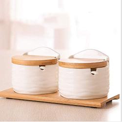 Mini Spice Jars Kitchenware ceramic seasoning jar two-piece creative white bamboo and wood flip