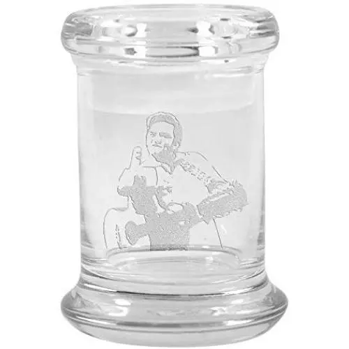 Clear Glass Herb Stash Jar and Lid 2.75 oz with Johnny Cash Bird Logo from Smoke Promos Clear Glass Herb Stash Jar and Lid 2.75 oz with Johnny Cash Bird Logo from Smoke Promos