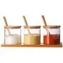 Taimot Glas Geschmacksstoffeimer mit Holzschnapsel, Küchen Glas Gewürz Box Set – 3 Geschmacksstoffeimer + 3 Löffel + Bambus-Basis Ablage, 10 oz, Gewürzbehälter, Zuckerbehälter, Teebehälter