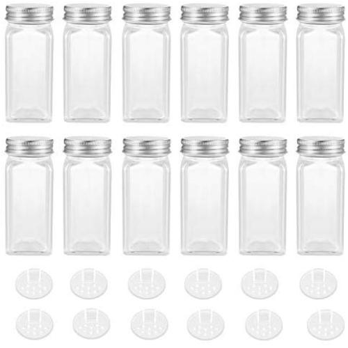 BESTONZON 12Pcs Glass Spice Jars with Shaker Lids - 4oz Square Empty Seasonings Bottles for Spice Herbs Small Items Storage and Organization