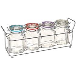 Circleware 67195 Optic 5-Piece Set of Four Mini Glass Spice Jars with with Swing Top Hermetic Airtight Locking Lid, Kitchen Food Preserving Storage with Metal Caddy for Coffee, Sugar, Tea, 4 oz, Clear