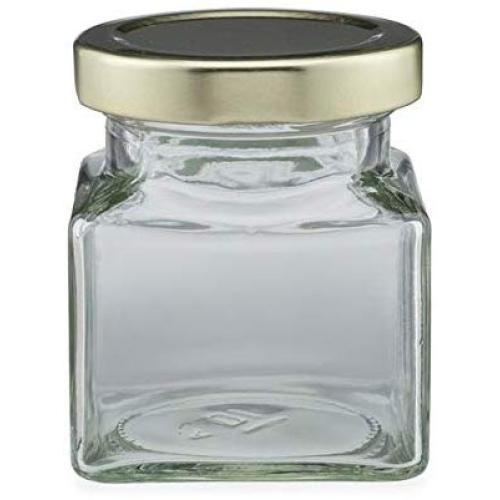 4 oz Clear Glass Square Jars (Gold Metal Lug Cap) Case 12 by Berlin Packaging