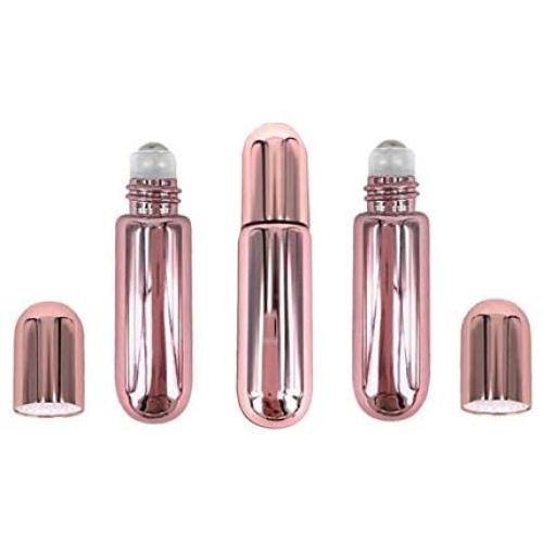 3Pcs 5ml/0.17oz Rose Gold Glass Roller Bottles Perfume Essential Oil Roll On Bottles with Metal Roller Balls Portable Travel Empty Refillable Cosmetic Containers for Aromatherapy Fragrance Lip Oil