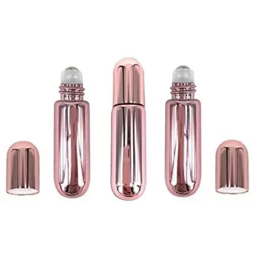 3er Set 5ml/0,17oz Roségold Glas Rollierflaschen mit Metall Rollkugeln – Tragbare, leere, wiederbefüllbare Kosmetikbehälter für Aromatherapie, Duft, Lippenöl