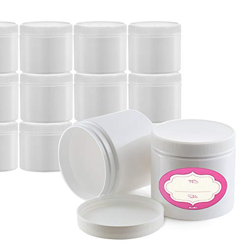 Pack of 12-4 Ounce Storage Jars with Lids & Labels - 4 oz Refillable Round Cosmetic Jars – White Cosmetic Lotions Containers - All-Purpose BPA-Free Plastic Pots – Lids with Inner Liners