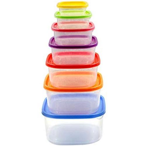 uirend Square Crisper Boxes - 7PCS Storage Jars Rainbow Coloured Plastic Tubs Microwave Freezer Box Ideal for Lunches and Meal Prep