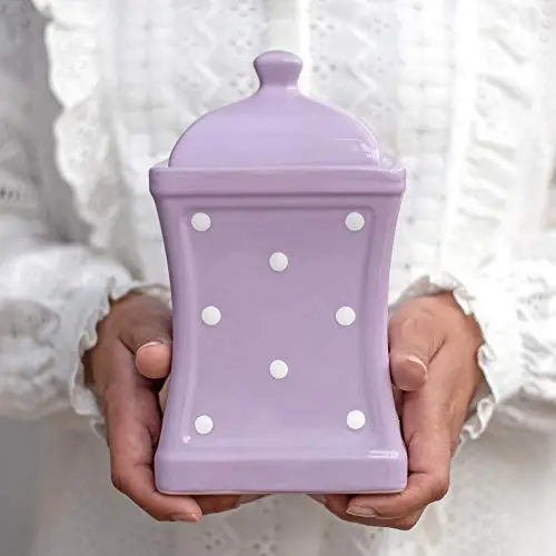 Bocal en céramique artisanal violet et blanc motifs pois 900ml / 31.5oz avec couvercle | Bocal de cuisine, bocal à biscuits, cadeau d’amitié.