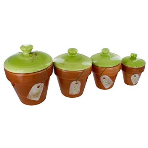 Earthenware Canister Jars, Set of 4, French Vintage Hand Painted Design &quotTerracotta"