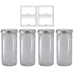 8 oz Clear Thick Glass Tall Paragon Airtight Jar with Silver Metal Cap (4 pack) + Labels for Hot and Cold Fill