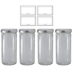 8 oz Clear Thick Glass Tall Paragon Airtight Jar with Silver Metal Cap (4 pack) + Labels for Hot and Cold Fill