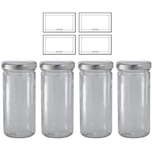 8 oz Clear Thick Glass Tall Paragon Airtight Jar with Silver Metal Cap (4 pack) + Labels for Hot and Cold Fill