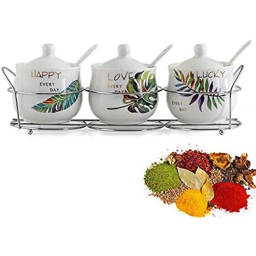 MAI&BAO Set of 3 Spice Jars Seasoning Box Seasoning Storage Container for Spice Salt Sugar Cruet Condiment Jars with Spoons for Storing Pepper Cumin Powder Salt Sugar Pepper Green Leaves 230ML