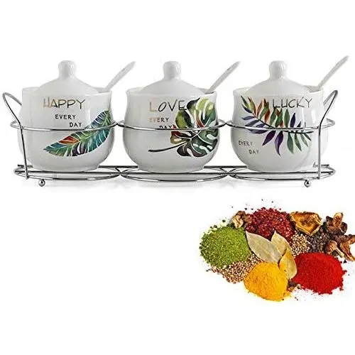 MAI&BAO Set of 3 Spice Jars Seasoning Box Seasoning Storage Container for Spice Salt Sugar Cruet Condiment Jars with Spoons for Storing Pepper Cumin Powder Salt Sugar Pepper Green Leaves 230ML