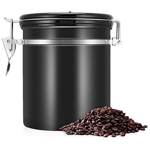 Stahltopf für Kaffeebohnen, 473 ml, luftdichter Behälter mit CO2-Ventil für längere Haltbarkeit von Kaffee, Nüssen, Zucker (Schwarz)
