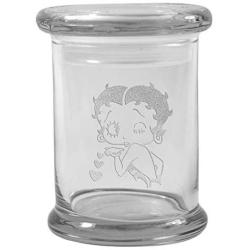 Clear 8 oz Glass Herb Stash Jar and Lid with Betty Boop Logo from Smoke Promos