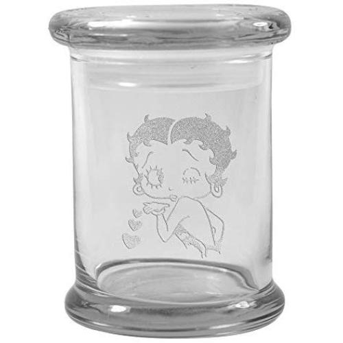 Clear 8 oz Glass Herb Stash Jar and Lid with Betty Boop Logo from Smoke Promos