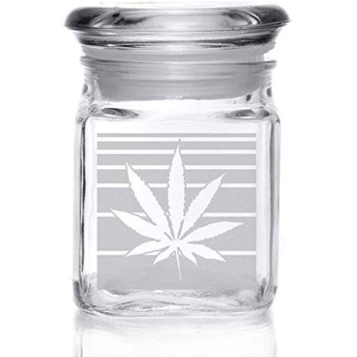 Alder House Market 4 Ounce Square Glass Herb Jar with Lid Engraved with Vapor Wave Weed Leaf