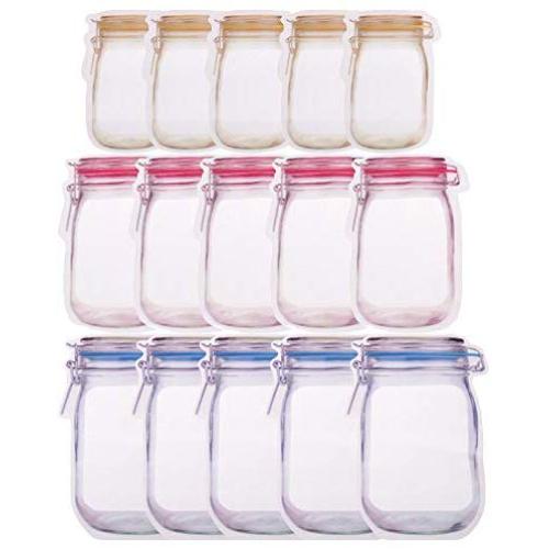 YAIKOAI 15 Pieces Mason Jar Zipper Bag Reusable Airtight Seal Food Storage Bags Snack Tea Sandwich Candy Ziplock Bags for Travel Camping Picnic-S+M+L