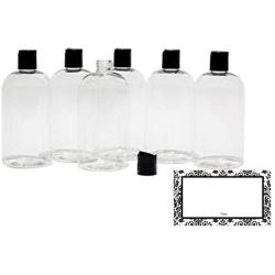 Baire Bottles -16 Ounce Clear Plastic Bottles, Black Hand-Press Flip Disc Caps - Organize Soap, Shampoo, Lotion with a Clean, Clear Look - PET, Lightweight, No BPA - 6 Pack, including 6 Damask Labels