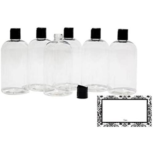 Baire Bottles -16 Ounce Clear Plastic Bottles, Black Hand-Press Flip Disc Caps - Organize Soap, Shampoo, Lotion with a Clean, Clear Look - PET, Lightweight, No BPA - 6 Pack, including 6 Damask Labels