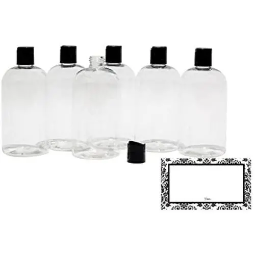 Baire Bottles -16 Ounce Clear Plastic Bottles, Black Hand-Press Flip Disc Caps - Organize Soap, Shampoo, Lotion with a Clean, Clear Look - PET, Lightweight, No BPA - 6 Pack, including 6 Damask Labels Baire Bottles -16 Ounce Clear Plastic Bottles, Black Hand-Press Flip Disc Caps - Organize Soap, Shampoo, Lotion with a Clean, Clear Look - PET, Lightweight, No BPA - 6 Pack, including 6 Damask Labels