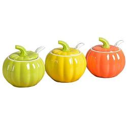 Colias Wing 9.5 OZ Cuddly Pumpkin Shape Stylish Design Spice Jar Bottles Seasoning Bottle Condiment Storage Container Salt Sugar Cruet with Lid & Spoon -Set of 3(Green+Yellow+Orange,No Include Tray)