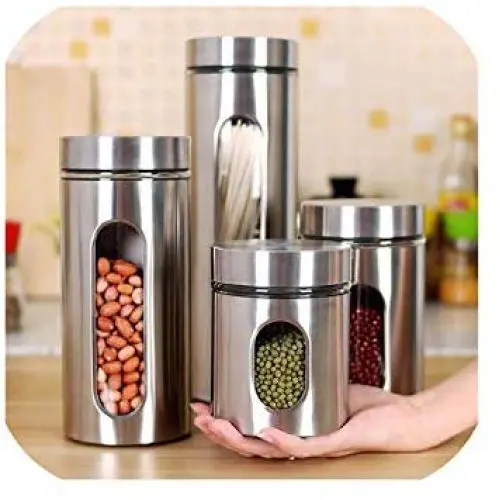 Ensembles de Boîtes de Conservation Alimentaire pour Maison, Cuisine, Thé, Snacks, Fruits Secs, Grains, Céréales, Récipients Hermétiques en Acier Inox, 1300ml