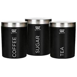 PLANET 007 Set of 3 Tea Coffee Sugar Containers Set Canisters Set with Stainless Steel Lid Black