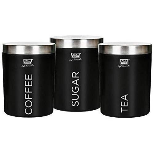 PLANET 007 Set of 3 Tea Coffee Sugar Containers Set Canisters Set with Stainless Steel Lid Black