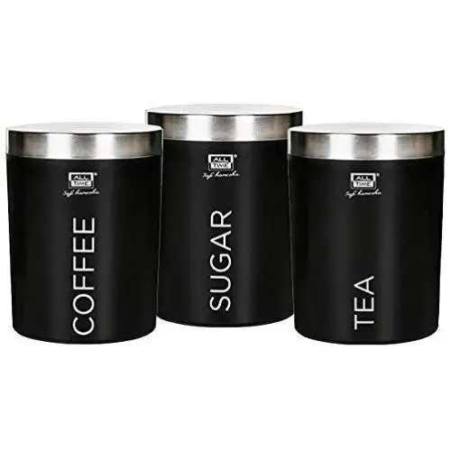 PLANET 007 Set of 3 Tea Coffee Sugar Containers Set Canisters Set with Stainless Steel Lid Black PLANET 007 Set of 3 Tea Coffee Sugar Containers Set Canisters Set with Stainless Steel Lid Black