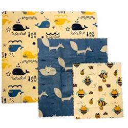 Beeswax Food Wraps Assorted Set of 3, Eco Friendly,100% Cotton fabric, All natural, 1 Small, 1 Medium, 1 Large, Fun prints: Whales, Bees, Foxes