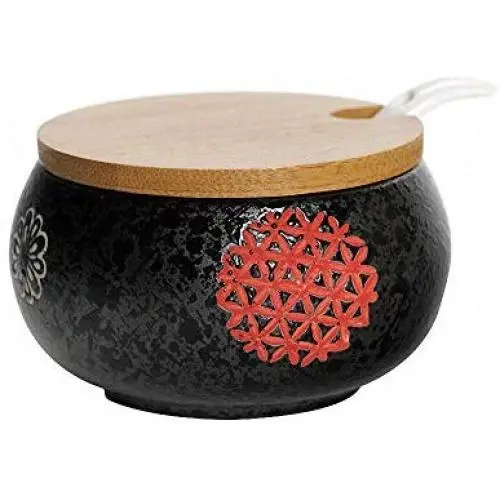 Japanischer Stil Retro Glasur Keramik Zucker Schachtel Set Zuckerdispenser Salztopf Pfefferbehälter Würzebehälter mit Holzdeckel und Löffel