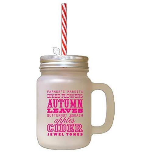 Hot Pink Autumn Leaves Butternut Squash Apples Cinder Frosted Glass Mason Jar With Straw