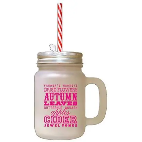 Hot Pink Autumn Leaves Butternut Squash Apples Cinder Frosted Glass Mason Jar With Straw Hot Pink Autumn Leaves Butternut Squash Apples Cinder Frosted Glass Mason Jar With Straw