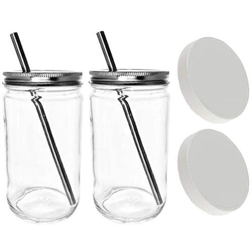 Reusable Smoothie Cup Extra Wide Mouth Glass Mason Jar 32oz with