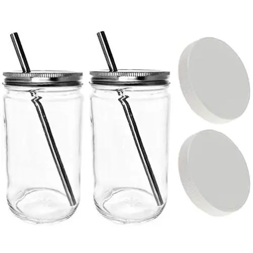 Reusable Smoothie Cup Extra Wide Mouth Glass Mason Jar 32oz with Smoothie Stainless Steel Straw/Smoothie Cup with Lid and Straw-includes Leak Proof Cap by Jarming Collections (2) Reusable Smoothie Cup Extra Wide Mouth Glass Mason Jar 32oz with Smoothie Stainless Steel Straw/Smoothie Cup with Lid and Straw-includes Leak Proof Cap by Jarming Collections (2)