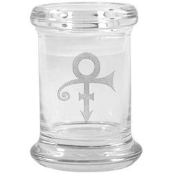 Clear Glass Herb Stash Jar and Lid 2.75 oz Prince Symbol Logo from Smoke Promos