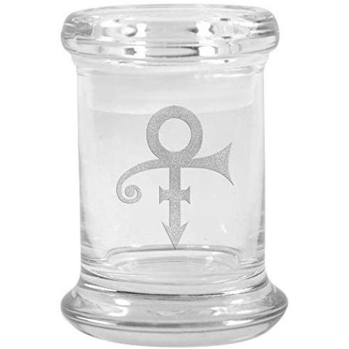 Clear Glass Herb Stash Jar and Lid 2.75 oz Prince Symbol Logo from Smoke Promos