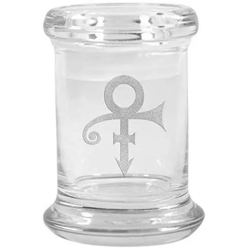 Clear Glass Herb Stash Jar and Lid 2.75 oz Prince Symbol Logo from Smoke Promos Clear Glass Herb Stash Jar and Lid 2.75 oz Prince Symbol Logo from Smoke Promos