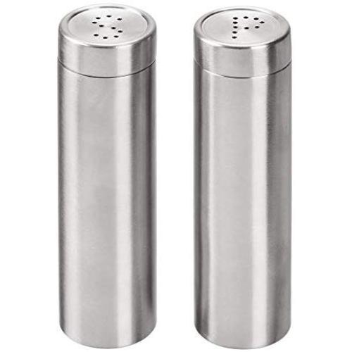 mDesign Modern, Slim Salt and Pepper Shakers - Nesting Lid with Circular S & P Holes; Great for Fine Table Salt and Pepper; Set of 2 - Brushed Stainless Steel