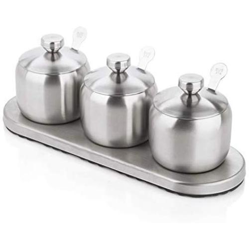 Tenta Kitchen 18/8 Stainless Steel Seasoning Containers Set Spice Jar Spice Rack Condiment Cruet Bottle Salt Pepper Sugar Storage Organizers with 3 Serving Spoons And Non-slip Base