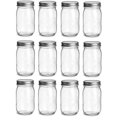 12 pcs, 16 oz Mason Glass Jars with Silver Lids (16 oz)