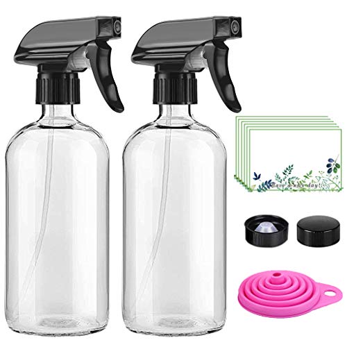 Clear Glass Spray Bottle, Raculety 2 Pack 16oz Empty Refillable Containers with Funnel for Essential Oils and Cleaning Products,Durable Trigger Sprayer with Mist & Stream Settings