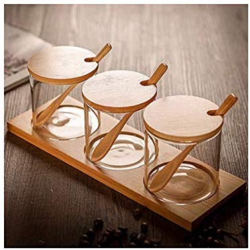 Creative Transparent Glass Kitchen Spice Jar Three Piece Seasoning Storage Tank Seasoning Bottles Dispensing Bottle Box Salt,3PCS PER SET