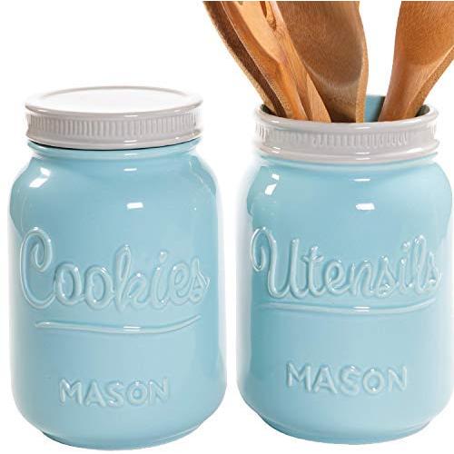 Mason Cookie Jar & Utensil Holder Set - Large Airtight Ceramic Cookie Jar - Vintage Farmhouse Utensil Holder - Rustic Decorative Air Tight Container For Cookies, Cracker, and Other Snacks (Blue)