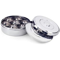 Zinel Spice Box/Masala Dabba with 7 Comparments and 2 Stainless Steel Lids, 18cm, Silver