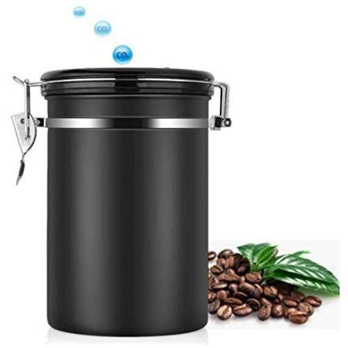 Large Sealed Coffee Bean Container with One-way CO2 Exhaust Valve/Time Record Dial, 1.8L Stainless Steel Airtight Nuts Grains Flour Sugar Coffee Grounds Tea Canister Moisture Proof Storage Jar (Black)