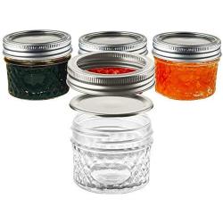 Mason Jars with Glass Lids 4 oz - Nellam Small Canning Jelly Jar Wide Mouth in Quilted Crystal for Airtight Kitchen Storage, Baby Food, Party Favors - Freezer & Microwave Safe - Set of 24, Silver