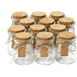 Glass Favor Jars With Cork Lids - Mason Jar Wedding Favors Apothecary Jars Honey Pot Bottles With Personalized Label Tags and String - 3.4oz [12pc Bulk Set] Ideal For Spices, Candy and Candle Making